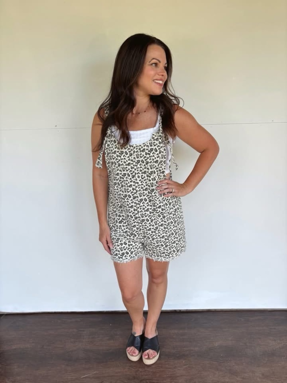 Very J Cream Leopard Tie-Shoulder Romper